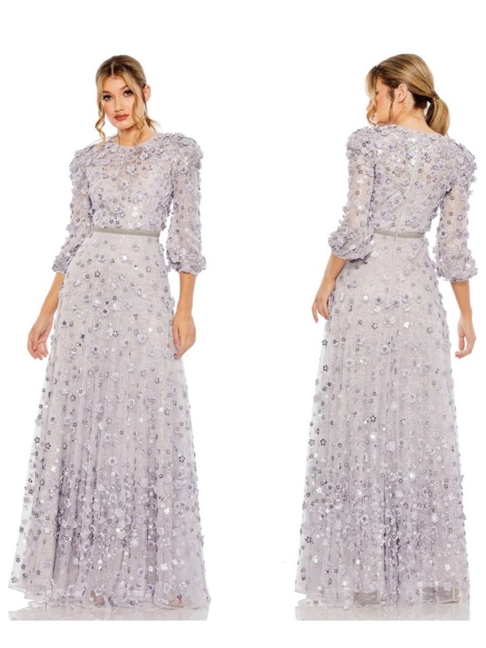 MAC DUGGAL 93805 Floral Applique Puff Sleeve High Neck A-Line Gown Size 10 NWT